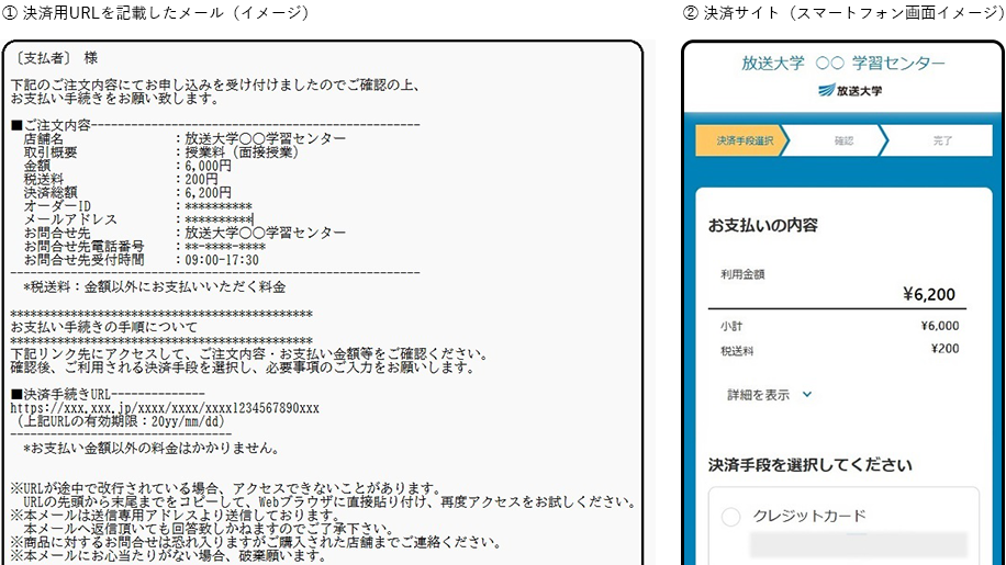 ①決済用URLを記載したメール（イメージ）｜②決済サイト（スマートフォン画面イメージ）